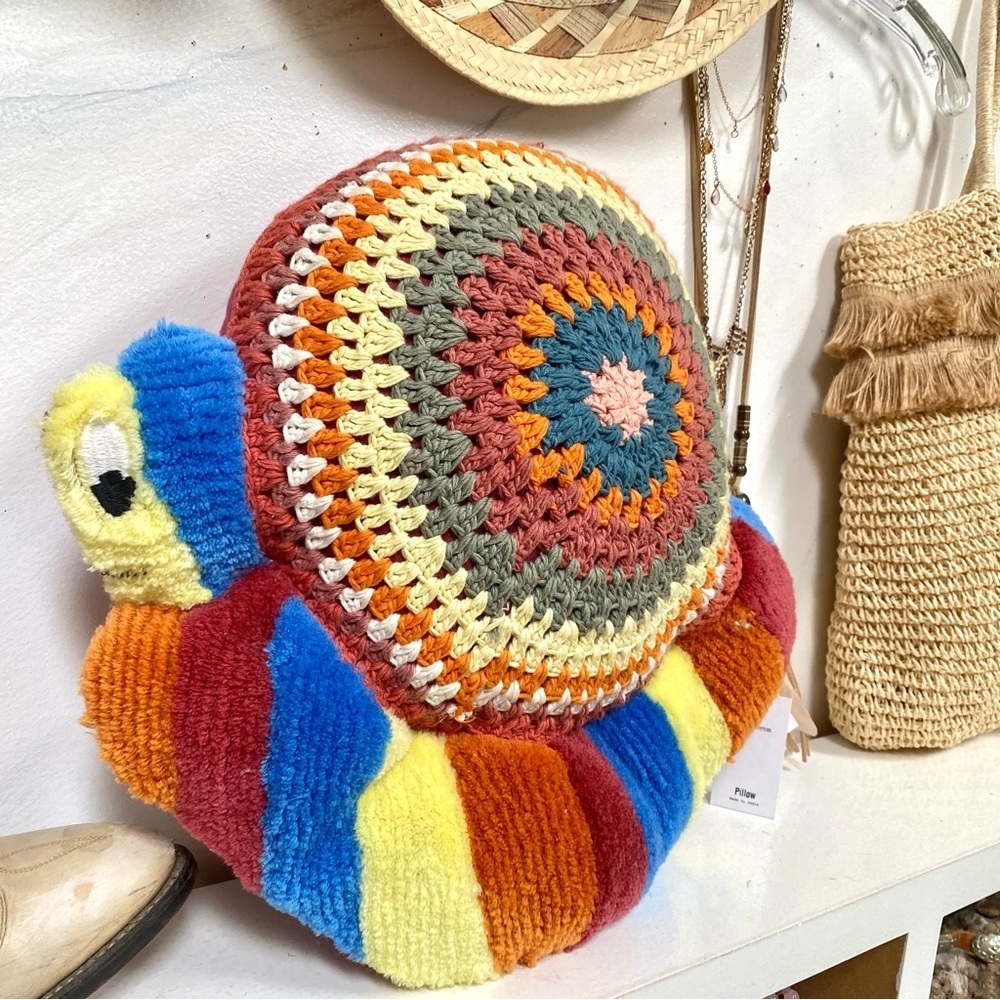 ARTISAN snail crochet granny accent pillow w hippy retro vibe